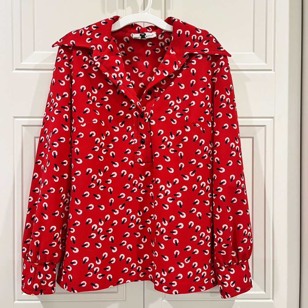 Vintage Long Sleeved Bright Red Polyester Patterned Blouse